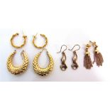 FOUR PAIRS OF MODERN 9CT GOLD EARRINGS comprising; a pair of fluted tapering creole earrings,