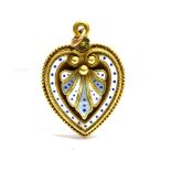 A LATE VICTORIAN GOLD AND ENAMEL HEART-SHAPED PENDANT with a central stylised anthemion shaped panel