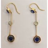 A PAIR OF EDWARDIAN SMALL SAPPHIRE AND DIAMOND PENDENT EARRINGS each with a round mixed-cut sapphire