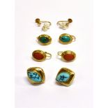 FOUR PAIRS OF GOLD AND GEM-SET EARRINGS comprising; a pair of coral oval cabochon single stone