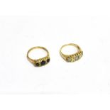 TWO MODERN 9CT GOLD, SMALL DIAMOND AND GEM SET RINGS each set with three graduated oval mixed-cut