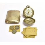 A SILVER CIGARETTE CASE, A POCKET WATCH AND A FEW COINS the plain concave cigarette case, Birmingham