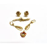 A PAIR OF FRENCH GOLD OPEN DROP EARRINGS AND OTHER ITEMS comprising a pair of Austrian bi-colour