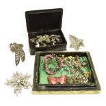 A COLLECTION OF MARCASITE AND COSTUME JEWELLERY Including; a marcasite flower and leaf spray brooch;