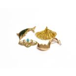 FOUR ART NOUVEAU AND LATER BROOCHES comprising, a gold, turquoise and half-pearl whip-lash open