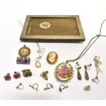 AN ARTS AND CRAFTS SILVER AND OVAL AMETHYST RECTANGULAR BROOCH AND A COLLECTION OF MOSTLY COSTUME