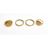 FOUR GOLD RINGS INCLUDING A 9CT GOLD WEDDING BAND London 1944, size P+, 1.6g; a 9ct gold oval signet