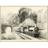 JOHN STEPHEN GIBB (BRITISH, B.1939) 'Furness Railway D1 at Landing How Bridge', monochrome print,