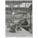 JOHN STEPHEN GIBB (BRITISH, B.1939) 'L. & Y.R. 4-4-0 at Manchester Victoria', monochrome print,