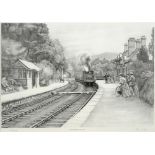 JOHN STEPHEN GIBB (BRITISH, B.1939) 'Haverthwaite Station', monochrome print, limited edition 163/