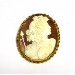 A VICTORIAN GOLD AND SHELL CAMEO OVAL BROOCH depicting Ariadne with fruiting vines in her hair and