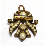 A MID VICTORIAN GOLD, ENAMEL, PEARL AND DIAMOND PANEL ADAPTED AS A PENDANT in the form of a stylised