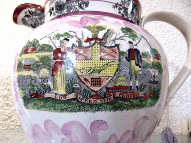 A LARGE SUNDERLAND PINK LUSTRE JUG decorated to one side with 'GOD SPEED THE PLOUGH', the other side - Image 4 of 4