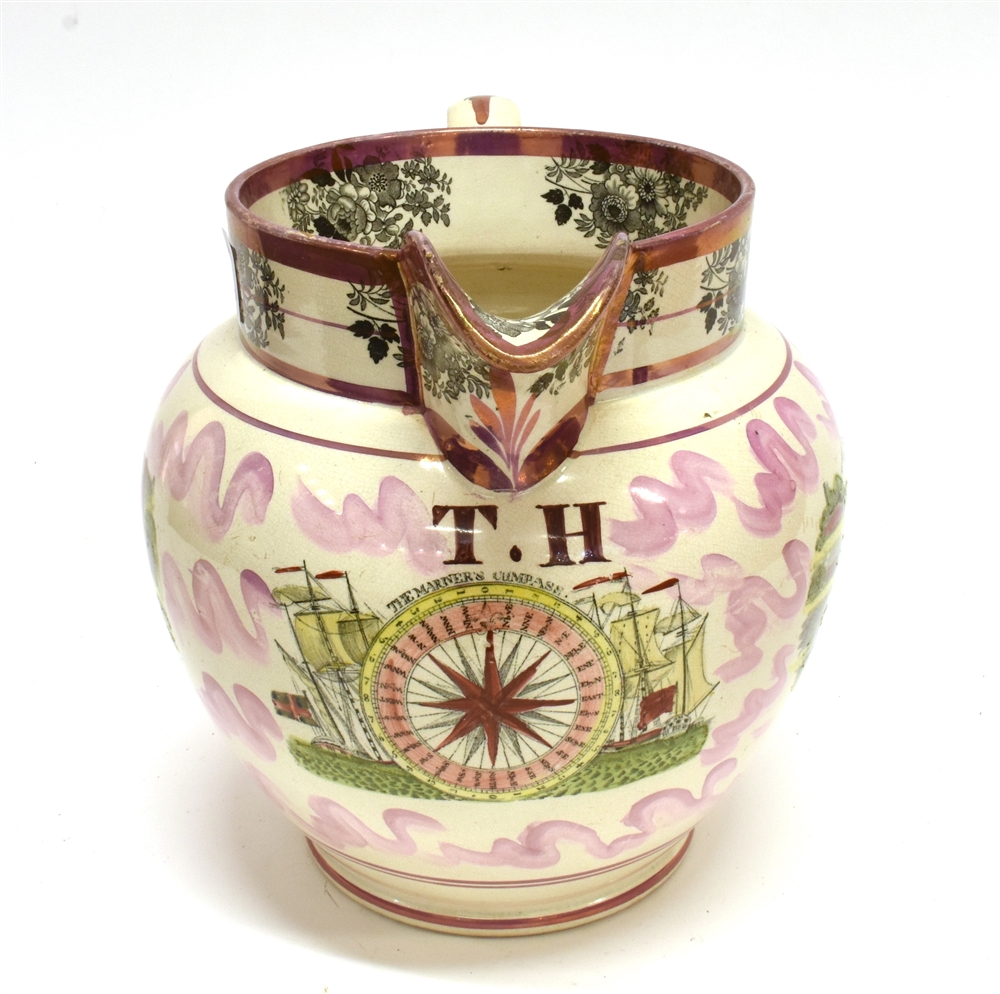 A LARGE SUNDERLAND PINK LUSTRE JUG decorated to one side with 'GOD SPEED THE PLOUGH', the other side - Image 2 of 4