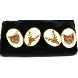 A PAIR OF 18CT GOLD AND ENAMEL SPORTING CUFFLINKS each cufflink with two oval panels polychrome