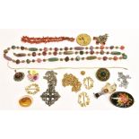 A COLLECTION OF COSTUME JEWELLERY INCLUDING A BRANCH CORAL NECKLACE various brooches; necklaces