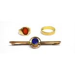 TWO GOLD RINGS AND AN OPAL-DOUBLET BAR BROOCH comprising; an 18ct gold flat-section engraved band