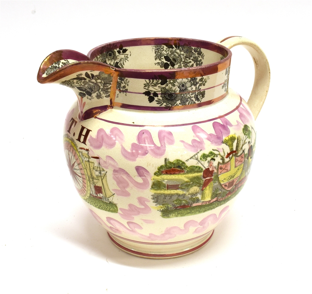 A LARGE SUNDERLAND PINK LUSTRE JUG decorated to one side with 'GOD SPEED THE PLOUGH', the other side