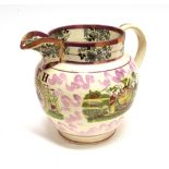 A LARGE SUNDERLAND PINK LUSTRE JUG decorated to one side with 'GOD SPEED THE PLOUGH', the other side