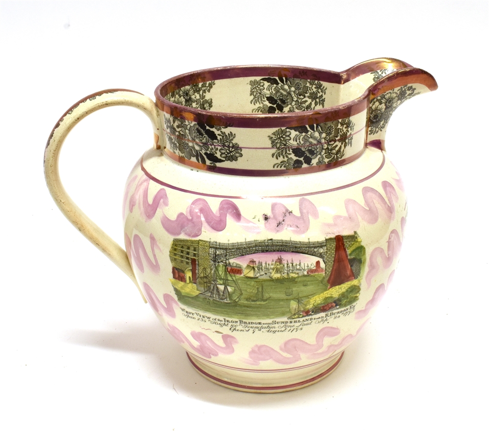 A LARGE SUNDERLAND PINK LUSTRE JUG decorated to one side with 'GOD SPEED THE PLOUGH', the other side - Image 3 of 4