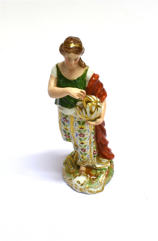 A DERBY FIGURE OF A CLASSICAL FEMALE standing holding globe and compass, red painted marks to