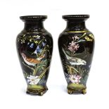A PAIR OF VICTORIAN OPAQUE GLASS VASES with painted decoration of birds and flowers, 32cm high