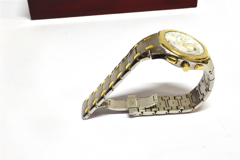 ACCURIST, GRAND COMPLICATIONS, A GENTLEMAN'S STAINLESS STEEL AND GILT QUARTZ BRACELET WATCH FROM ' - Image 6 of 7