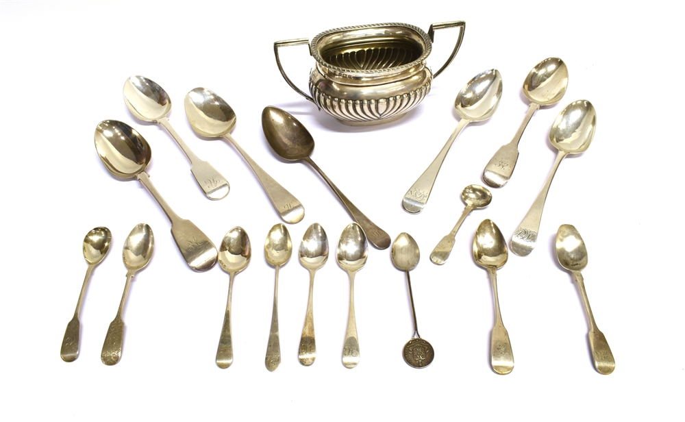 A SILVER SUGAR BOWL AND A QUANTITY OF SILVER FLATWARE The oval part-fluted sugar bowl with two