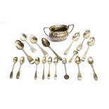 A SILVER SUGAR BOWL AND A QUANTITY OF SILVER FLATWARE The oval part-fluted sugar bowl with two