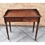 A MAHOGANY WASHSTAND with three quarter gallery, pair of frieze drawers on turned supports, 92cm