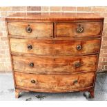 A MAHOGANY BOW FRONT CHEST OF TWO SHORT AND THREE LONG DRAWERS on splayed bracket feet, 107cm wide