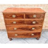 A FIGURED MAHOGANY CHEST OF TWO SHORT AND THREE LONG DRAWERS on turned supports, 108cm wide 50cm