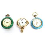 AN EARLY 20TH CENTURY 9CT GOLD CASED WRIST WATCH AND TWO ENAMELLED GILT-METAL FOB WATCHES the gold