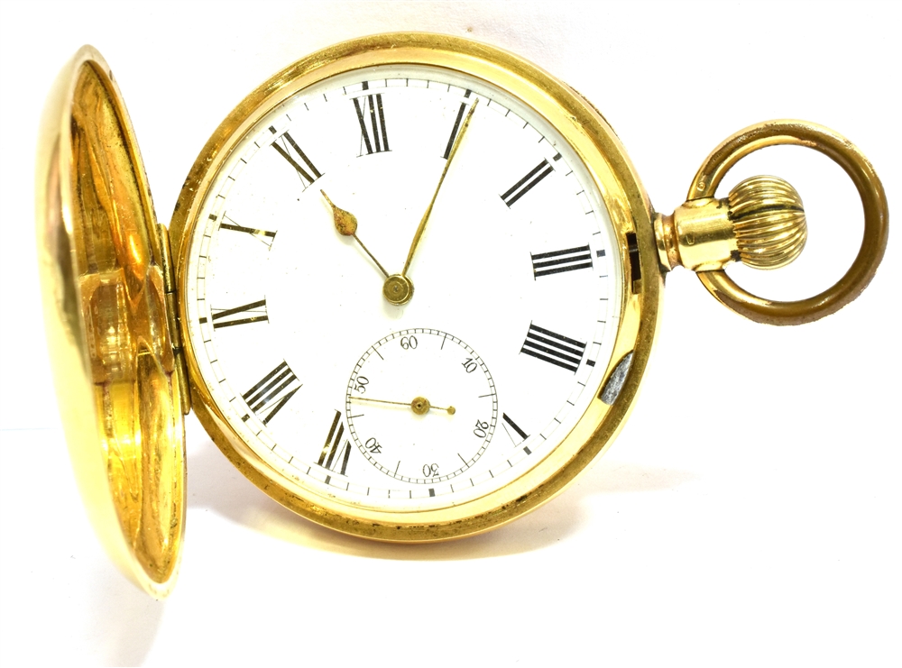 A 19TH CENTURY FRENCH 18K HUNTER CASED POCKET WATCH with a keyless bar lever movement, a white