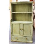 A SMALL PAINTED PINE DRESSER with pair of doors over drawer to base, 76cm wide 139cm high 34cm deep