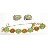 A CHINESE JADEITE PANEL BRACELET in the form of alternate mottled-green and brown round discs,