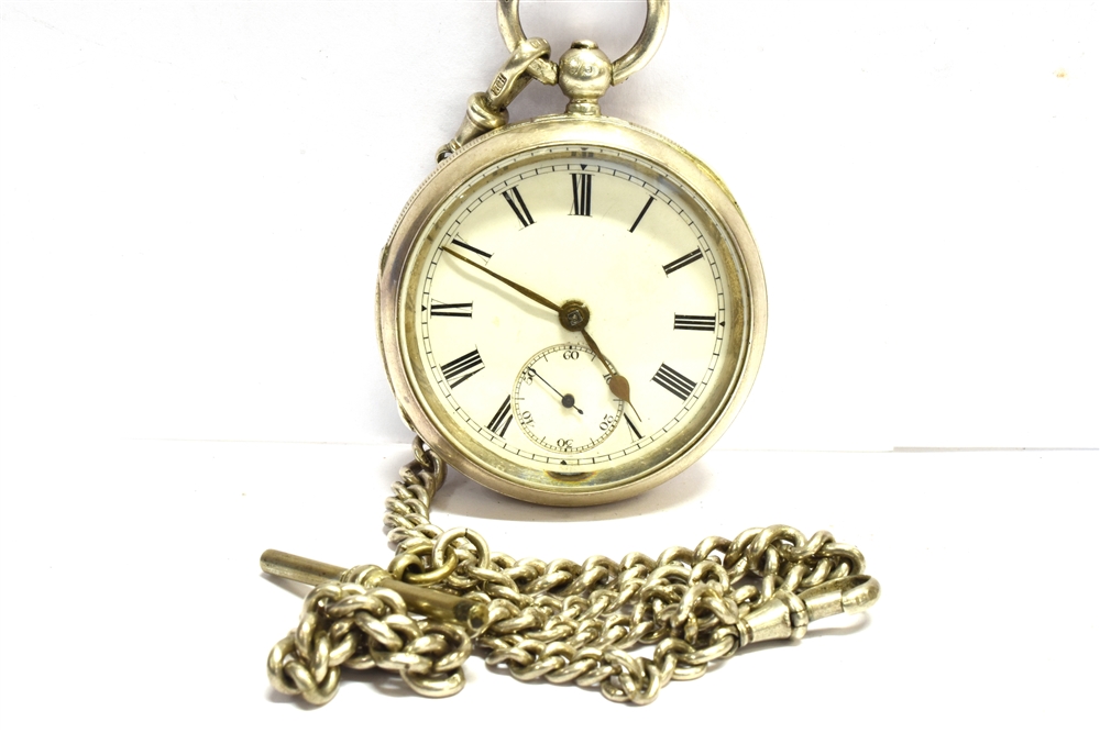 W H MASON, CLIFTON, A LATE VICTORIAN SILVER CASED OPEN FACE POCKET WATCH, CIRCA 1889; AND A CHAIN