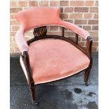 A PAIR OF EDWARDIAN ROSEWOOD FRAMED ARMCHAIRS with marquetry inlaid decoration, on square tapering