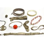 A COLLECTION OF SILVER AND WHITE METAL JEWELLERY including; an 'archer-bird' pendant or charm; a