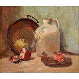 ALICE CRAISE PERRIN (20TH CENTURY) Still life with flagon, pan and peppers, oil on canvas, signed