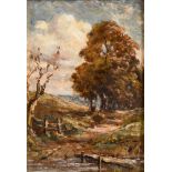 BRITISH SCHOOL (EARLY 20TH CENTURY) Autumn landscape with trees and footbridge, oil on board,