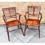 A PAIR OF FRUITWOOD AND ELM MENDLESHAM TYPE WINDSOR ARMCHAIRS with wheelback splats and inlaid