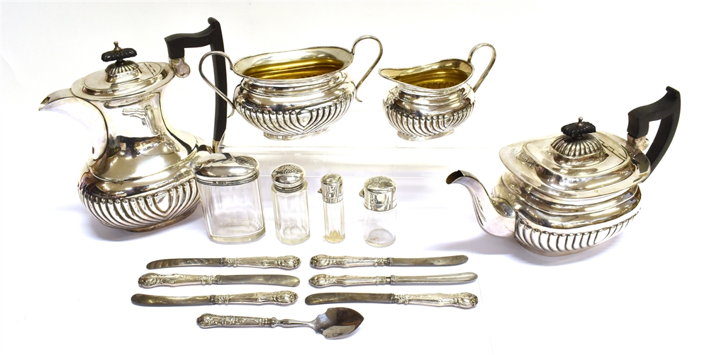 TWO SILVER TOPPED SCENT BOTTLES AND OTHER ITEMS comprising; a late Victorian silver mounted clear
