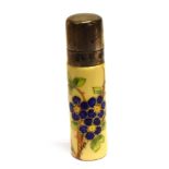 AN EARLY 20TH CENTURY MOUNTED PORCELAIN CYLINDRICAL SCENT BOTTLE decorated with blue and pink