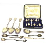 THREE VICTORIAN ENGLISH PROVINCIAL SILVER FIDDLE PATTERN TABLE SPOONS AND A QUANTITY OF OTHER