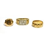 THREE GOLD RINGS comprising; a 9ct gold and tiny diamond rectangular cluster ring, the head designed