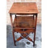 A GEORGE III MAHOGANY BEDSIDE TABLE with marquetry inlaid decoration and shaped pot shelf undertier;