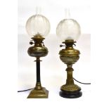 TWO EDWARDIAN OIL LAMPS converted to table lamps, each with acid etched globes