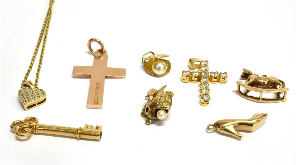 A COLLECTION OF MODERN MOSTLY 9CT GOLD PENDANTS, INCLUDING A LATIN CROSS Birmingham 1918, 43mm