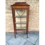 A SMALL MAHOGANY DISPLAY CABINET with marquetry style decoration, 61cm wide 29cm deep 146cm high